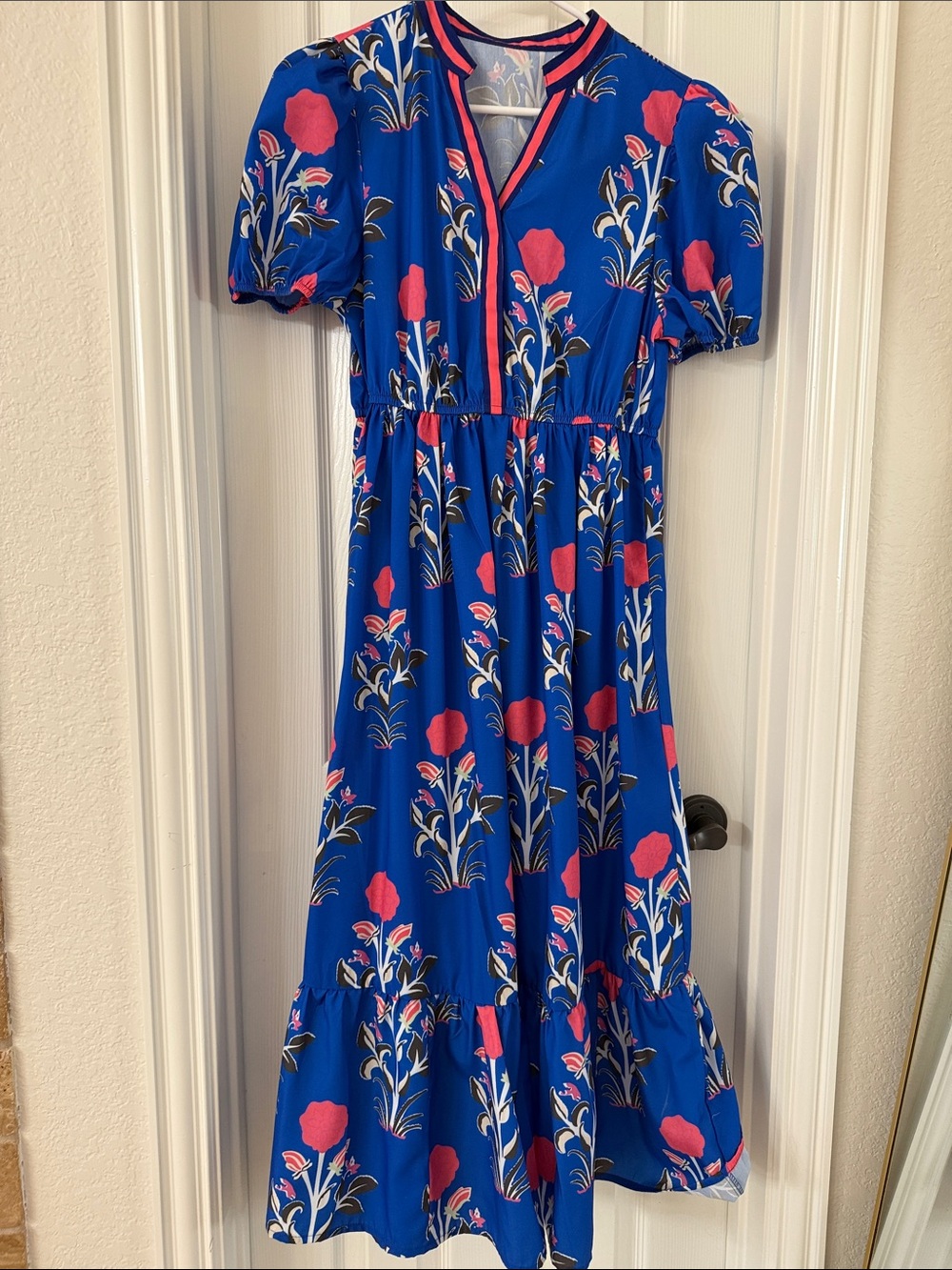 Blue Floral Midi Dress with Pink Accents